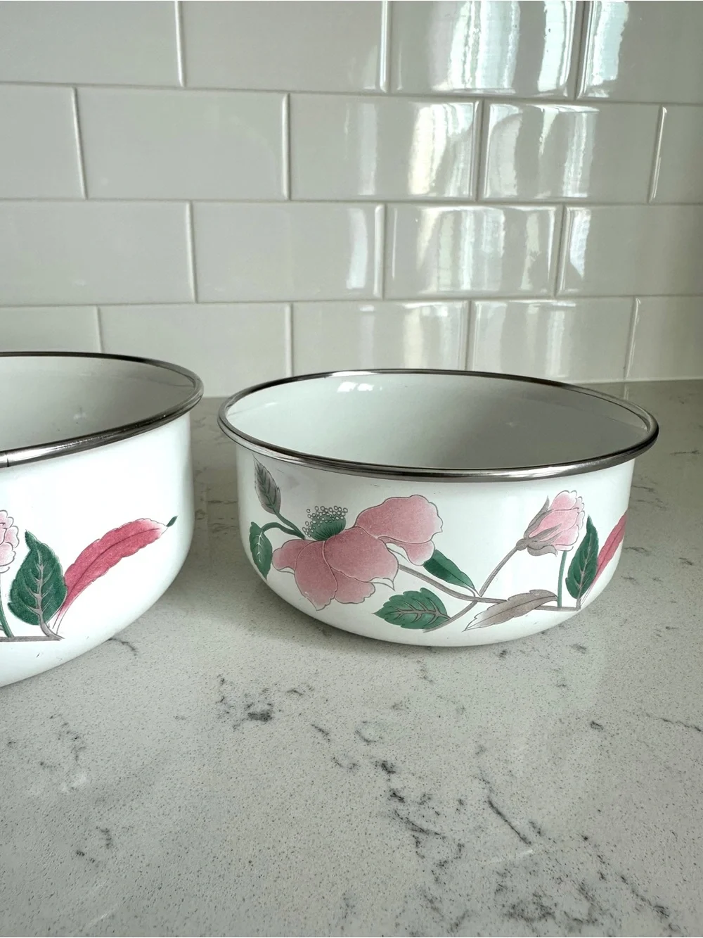 Vintage Mikasa Metal Bowls Set of 2 | Pink Floral Enamel Bowls